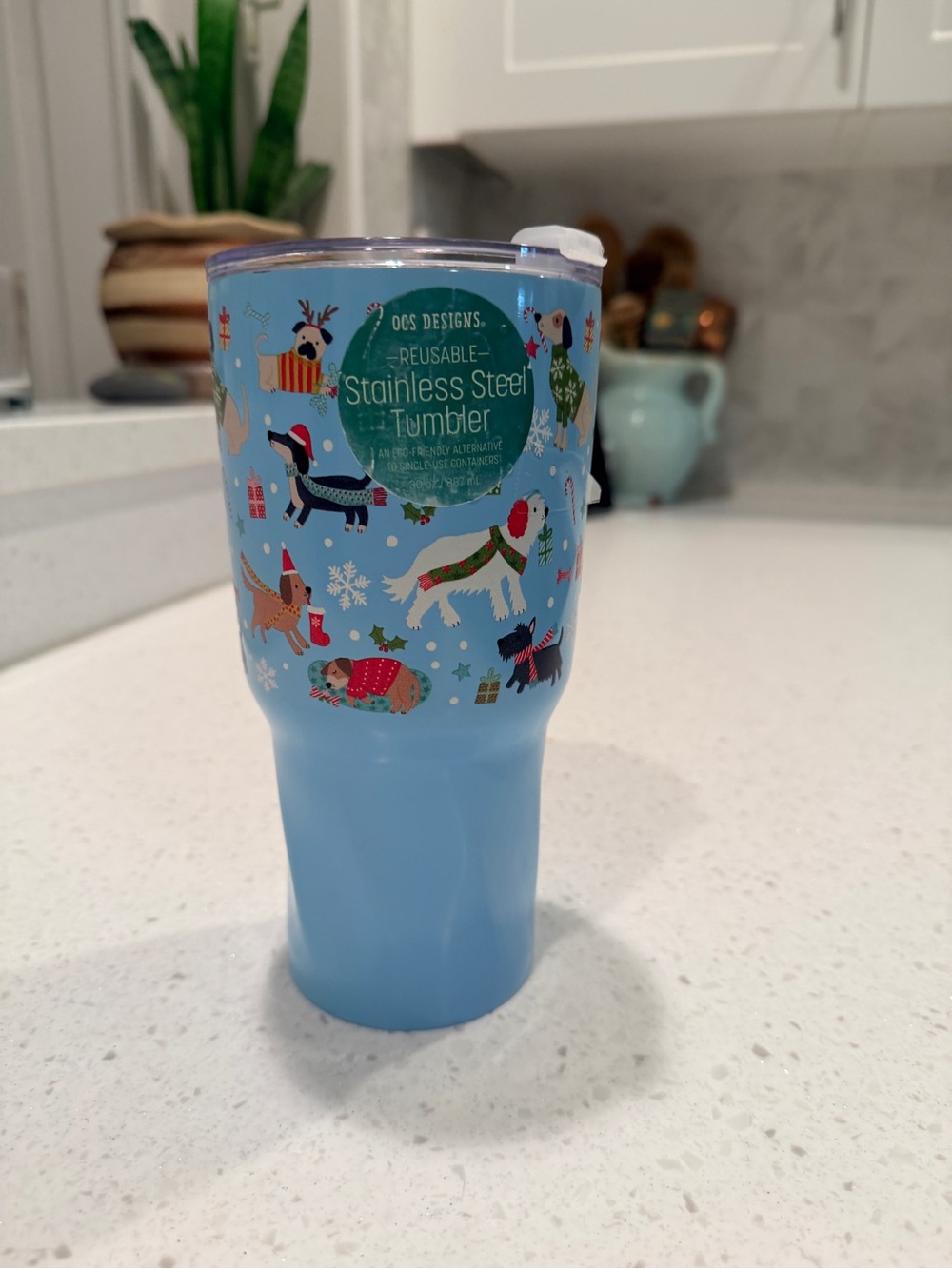 Dog Lovers Light Blue Stainless Steel Tumbler 30oz.Holiday Dogs & Reusable Straw